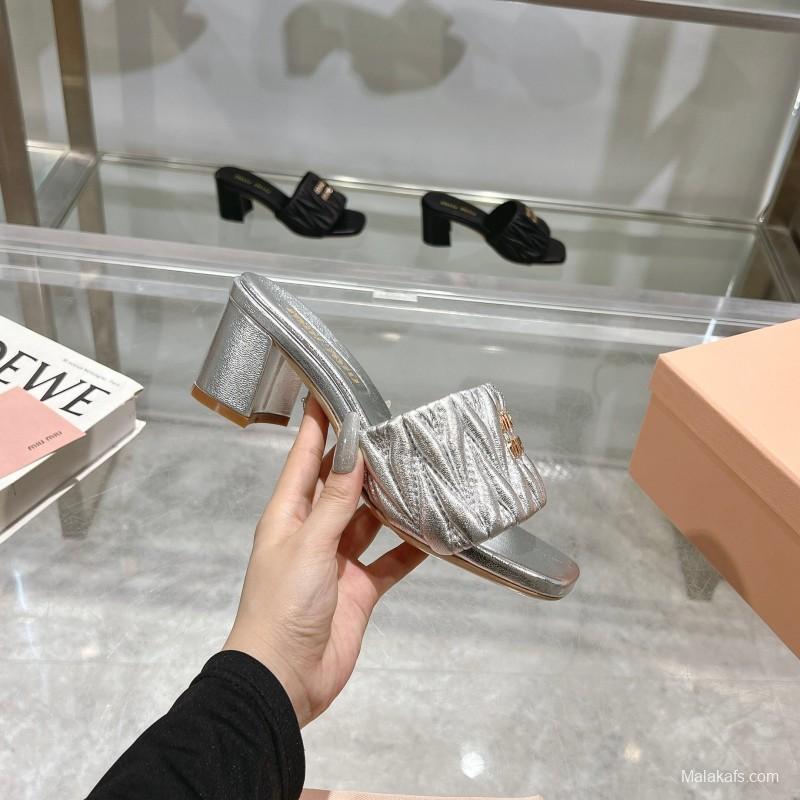 2025 Women Miu Miu Silver Leather High Heel Sandals