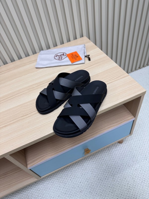 2025 Unisex Hermès Black Grey Leather Slippers