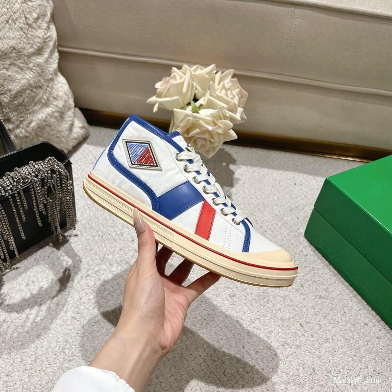 2025 Unisex Bottega Veneta White Blue Red Canvas Lambskin Sneakers Hand Painted LY00
