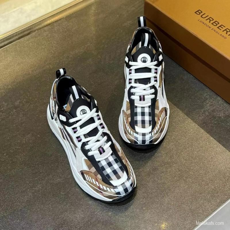 2025 Unisex Burberry Brown White Black Cotton Calfskin Suede Sneakers Check MJ00380(W/M)