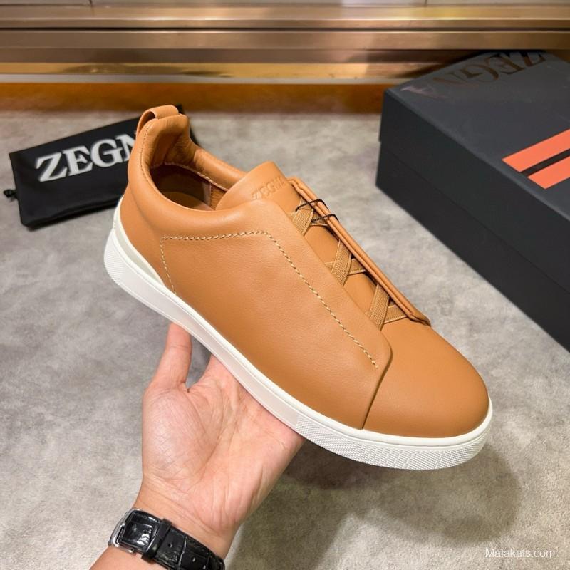 2024 Men Ermenegildo Zegna Camel Calf Leather Sneakers