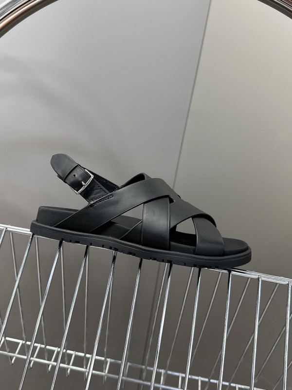 2025 Women Hermès Black Leather Sandals