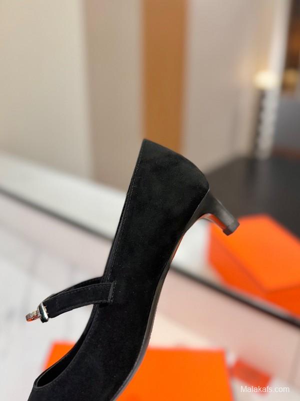 2025 Women Hermès Black Suede Pumps KFY00330