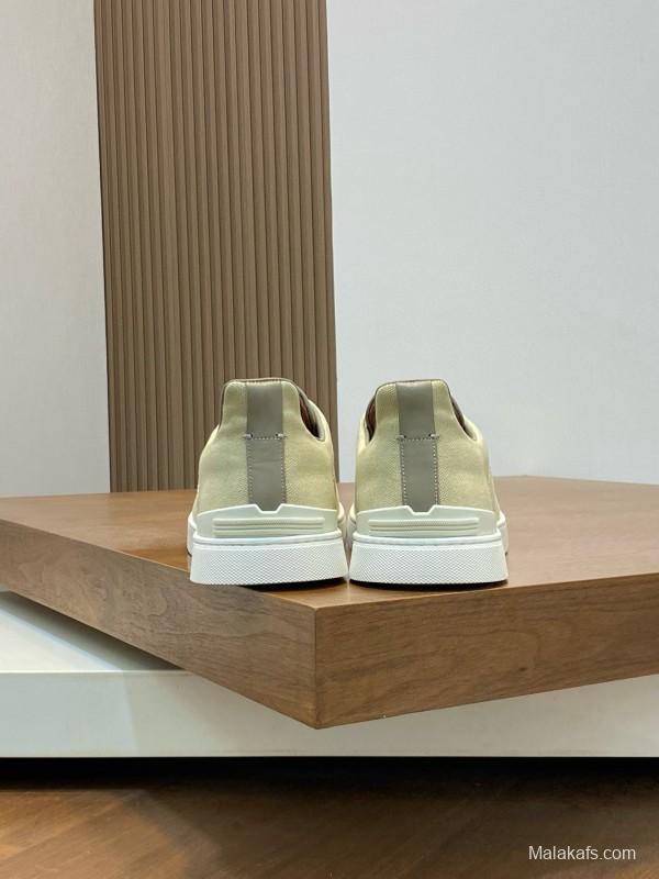 2024 Men Ermenegildo Zegna Beige PELLETESSUTA Calfskin Sneakers Elastic Detail MJ00280