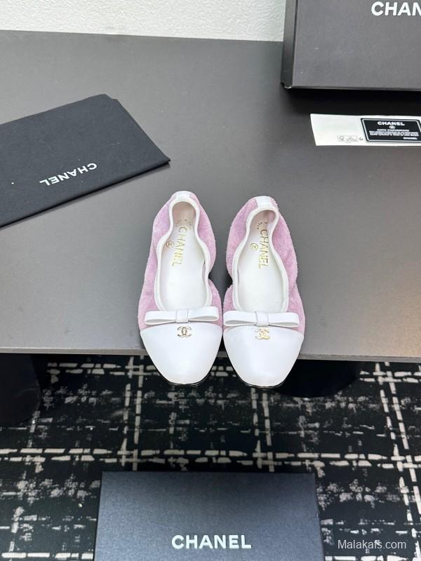 2025 Women CHANEL White Purple Leather Bow Ballet Flats Unisex LY00360(F)