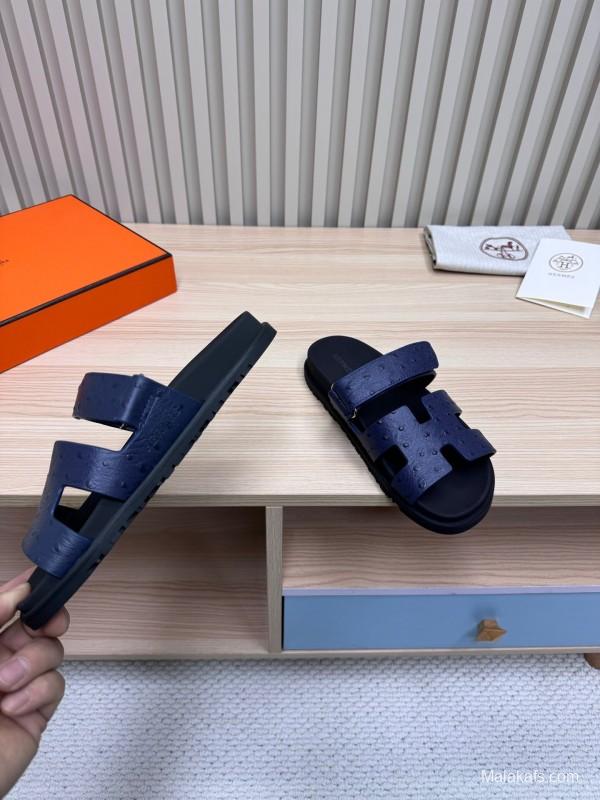2025 Slippers Hermès Dark Blue Leather Slippers
