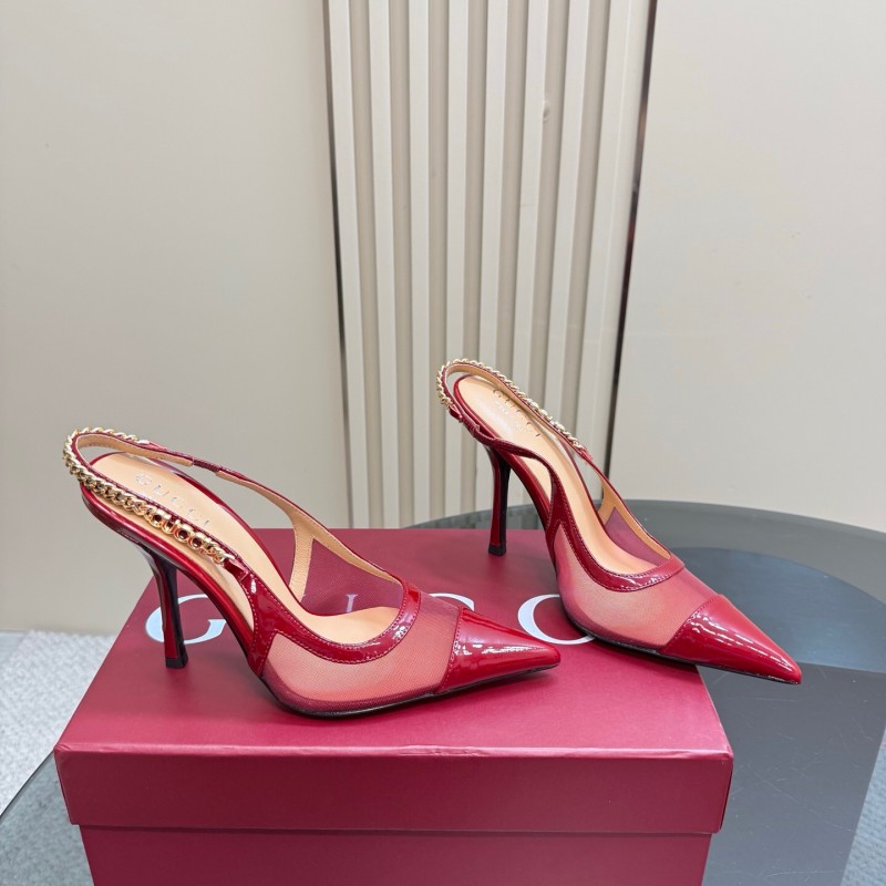 2025 Women Gucci Red Patent Leather Pointed Toe Slingback High Heel Pumps With Chain Detail KFY00300(F)