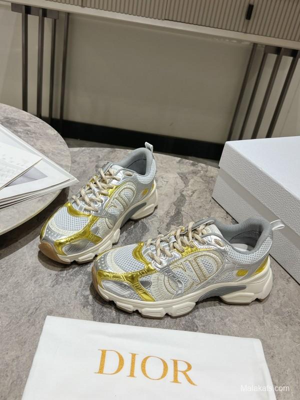 2025 Women Dior White Yellow Silver Mesh Leather Sneakers