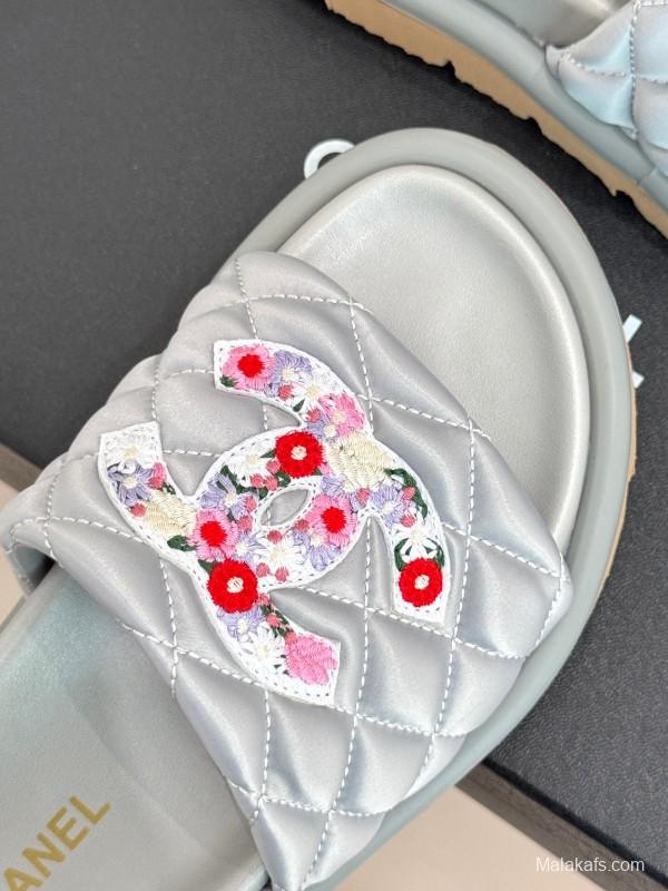 2025 Slippers Chanel Silver Floral Embroidery Leather Slippers KFY00260