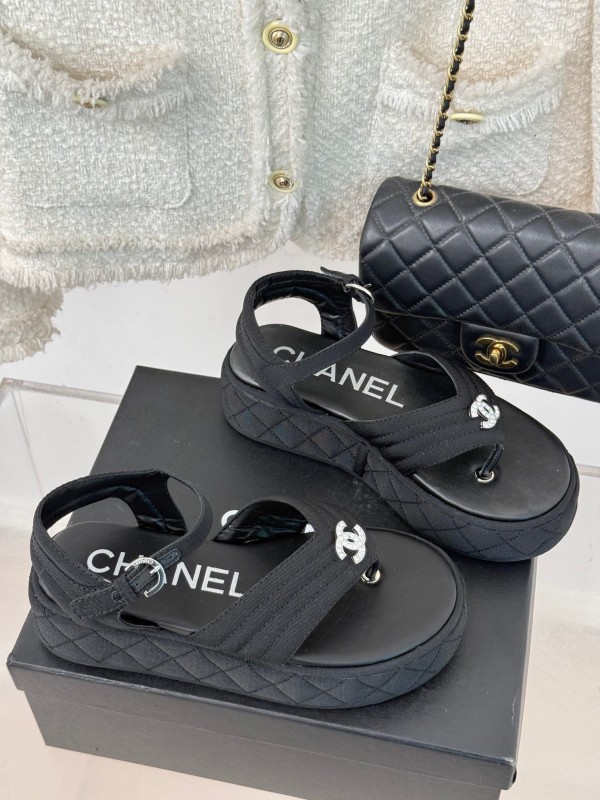 2025 Women Chanel Black Fabric Platform Sandals