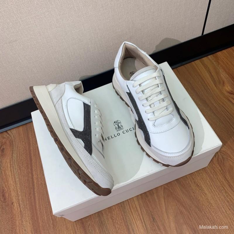 2025 Unisex Brunello Cucinelli White Grey Leather Suede Sneakers LY