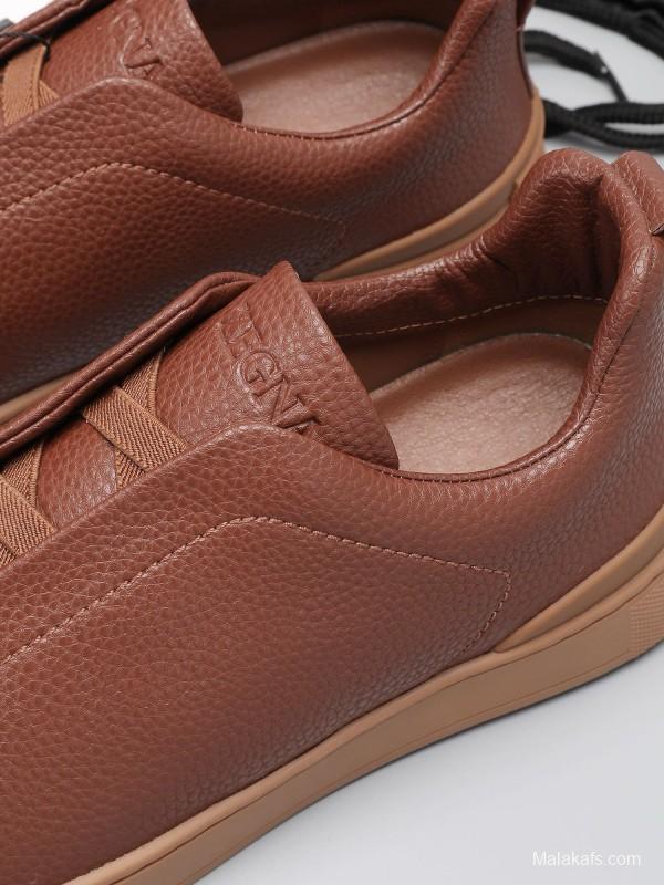 2024 Men Ermenegildo Zegna Brown Leather Low Top Sneakers MJ00240
