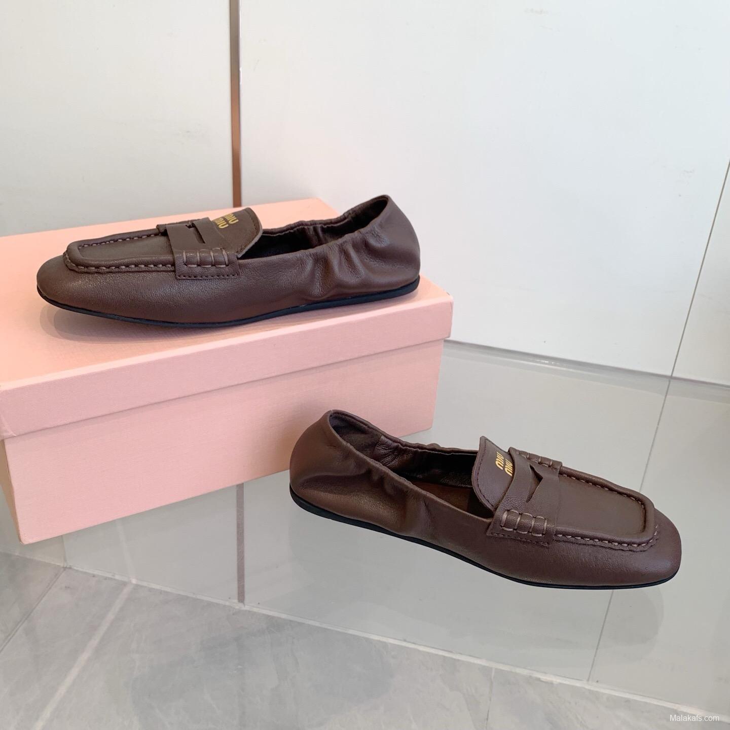 2025 Women Miu Miu Brown Leather Loafers