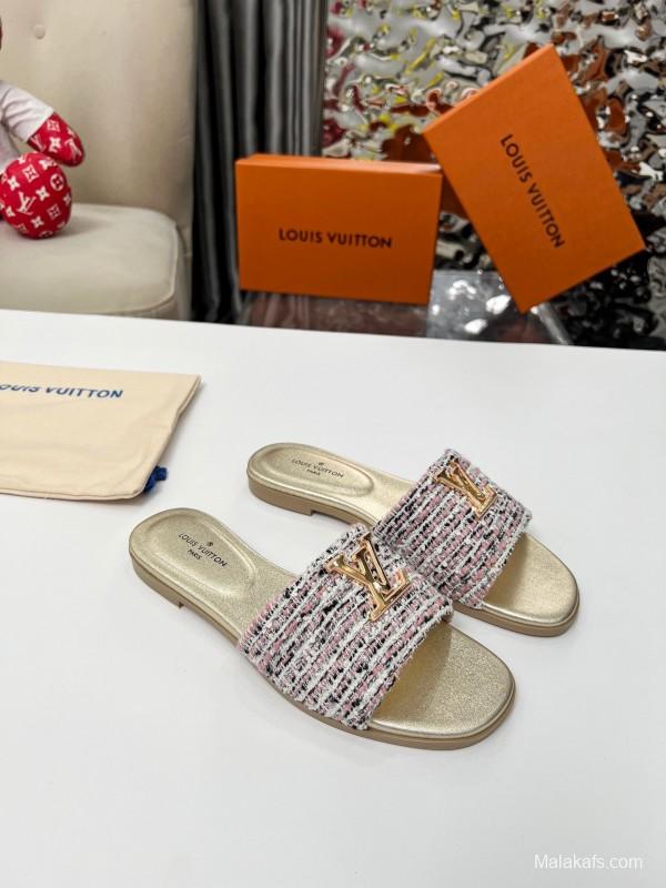 2025 Women Louis Vuitton Pink White Gold Fabric Leather Slippers