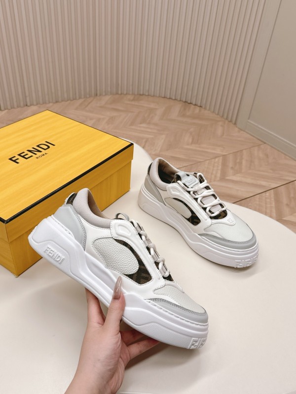 2025 Unisex Fendi White Grey Mesh Leather Sneakers LY00360(F)/LY00370(M)