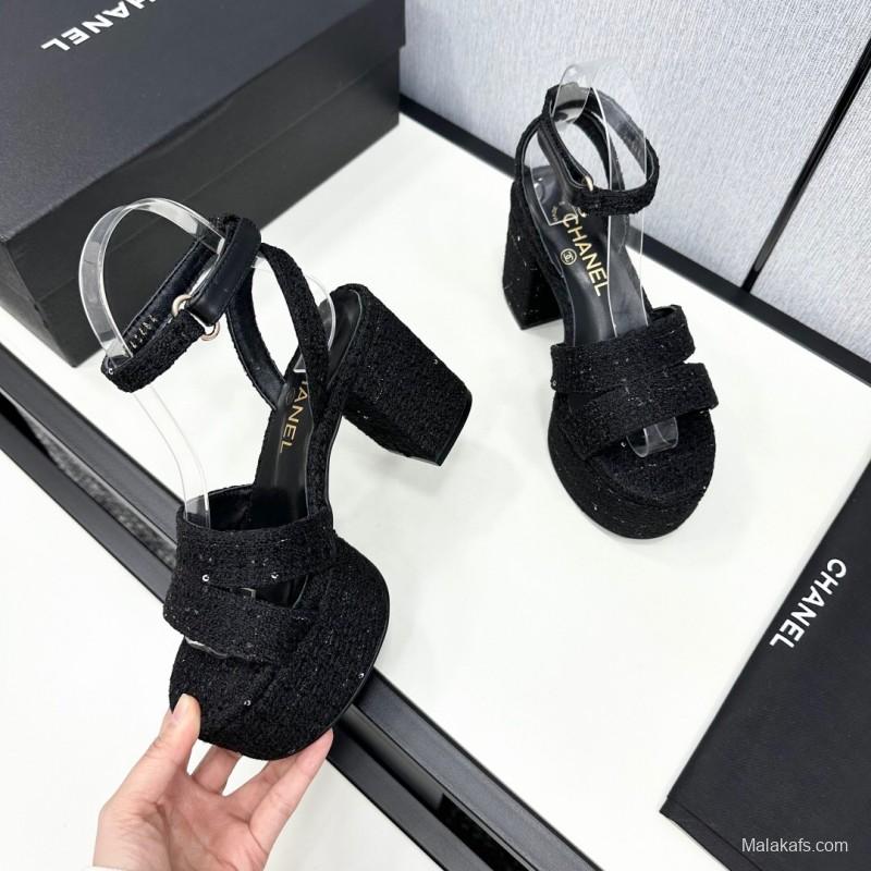 2025 Women Chanel Black Fabric Platform Sandals KFY00310