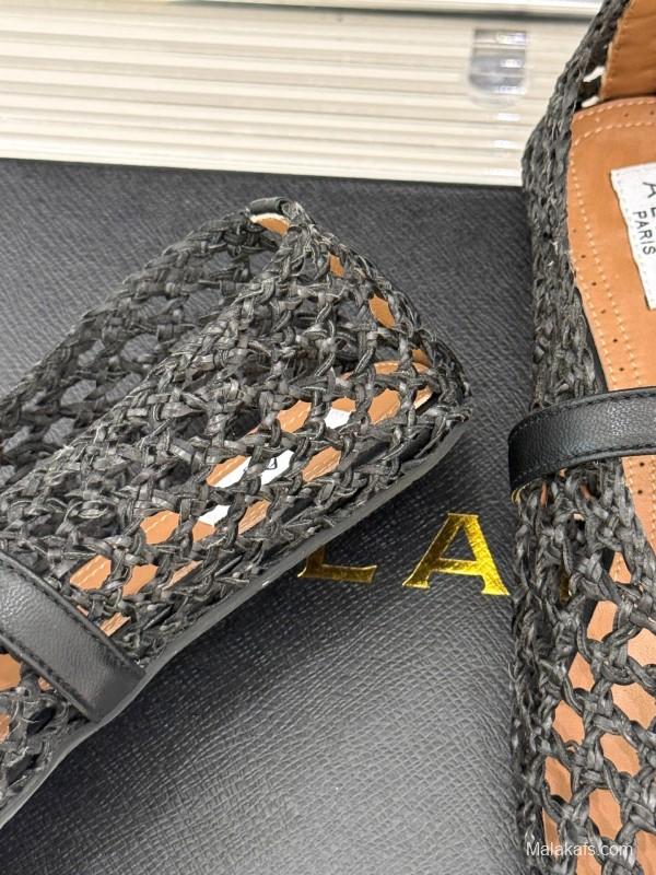 2025 Women AlAIA Black Leather Woven Mary Jane