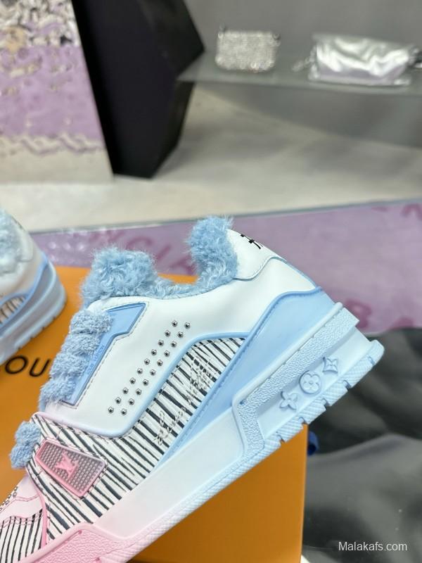 2024 Unisex Louis Vuitton Blue Pink Leather Sneakers