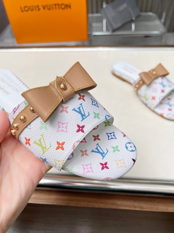 2025 Women Louis Vuitton White Multicolor Leather Slippers Monogram LY00200