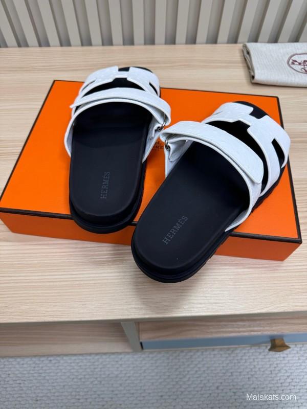 2025 Slippers Hermès Black White Leather Slippers