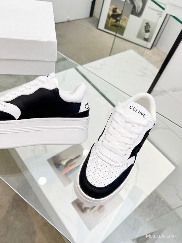 2025 Women CELINE Black White Leather Sneakers KFY00270