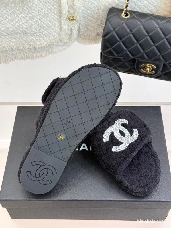 2025 Women Chanel Black Terry Cloth Slippers KFY00220