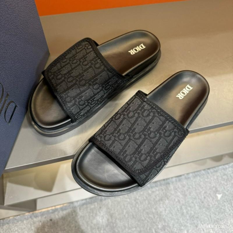2024 Dior Black Fabric Leather Slippers MJ00180