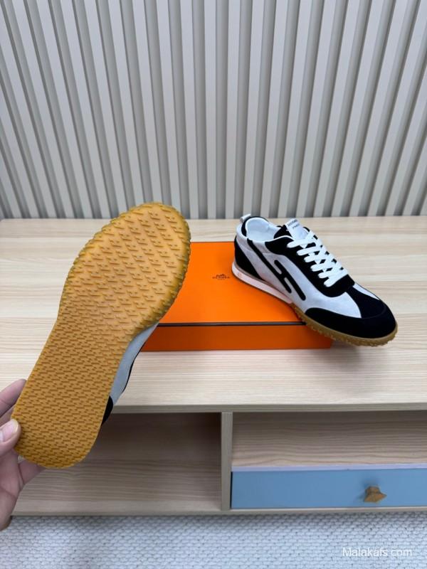 2025 Unisex Hermès Black White Suede Goat Leather Sneakers Top Version LY00310