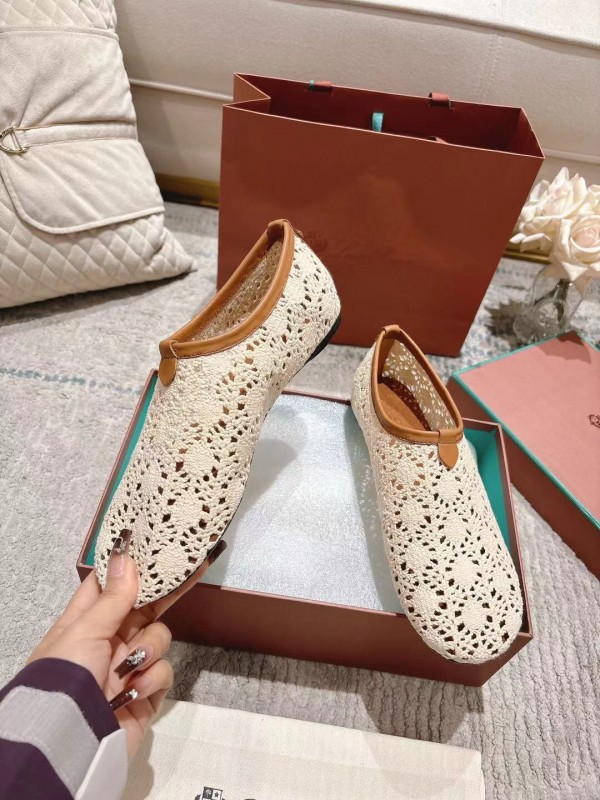 2025 Women LP Beige Brown Leather Crochet Ballet Flats