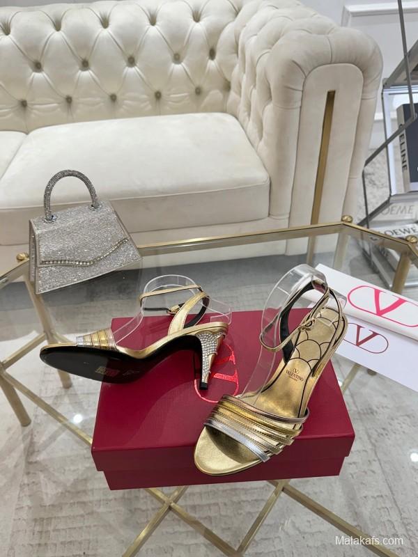 2025 Women Valentino Gold Leather Sandals LY00310