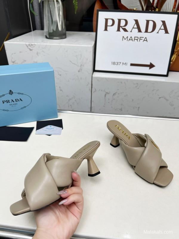 2025 Women Prada Beige Leather Mule Triangle Logo LY00270