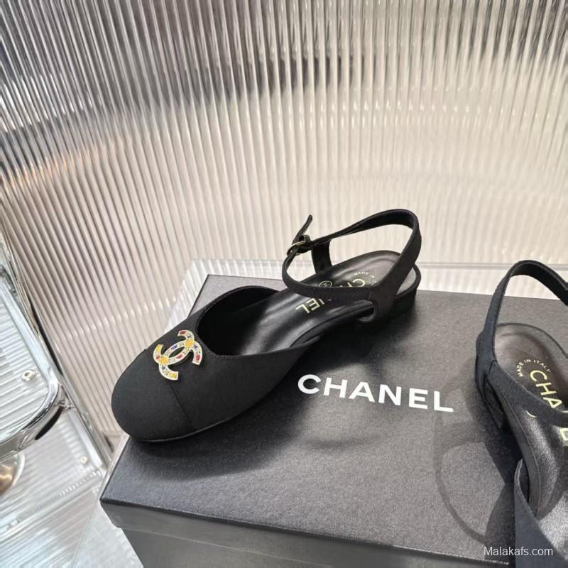 2025 Women Chanel Black Fabric Slingback Sandals