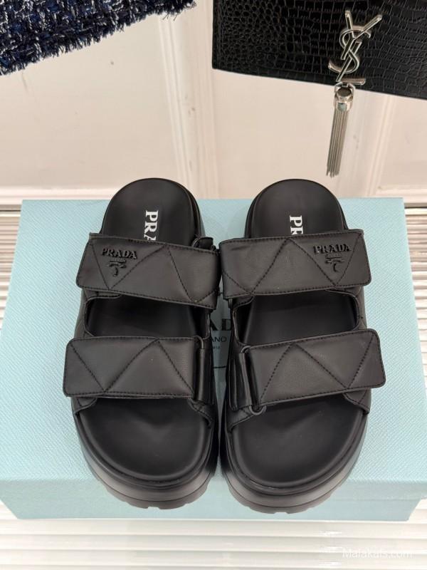 2025 Women Prada Black Leather Slippers