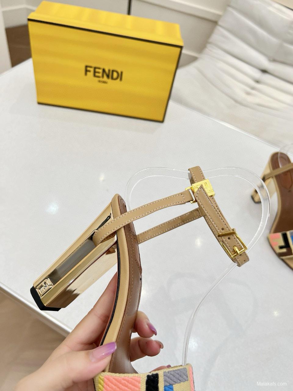 2025 Women Fendi Beige Canvas Leather High Heel Buckle MJ00280