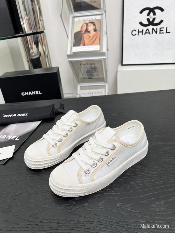 2025 Women Chanel White Canvas Casual Sneakers LY00230