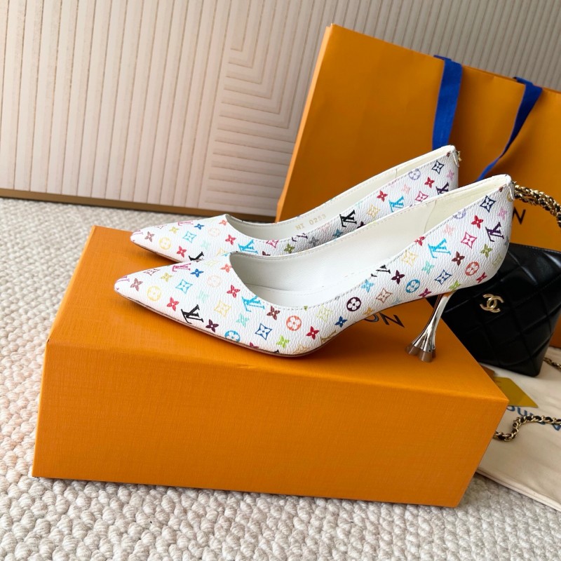 2025 Women Louis Vuitton White Multicolor Leather High Heel Shoes