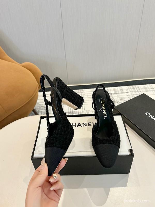 2025 Women Chanel Black Wool Leather Pumps LY00270