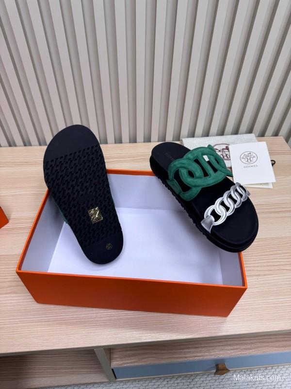 2025 Slippers Hermès Green Black Suede Leather Slippers