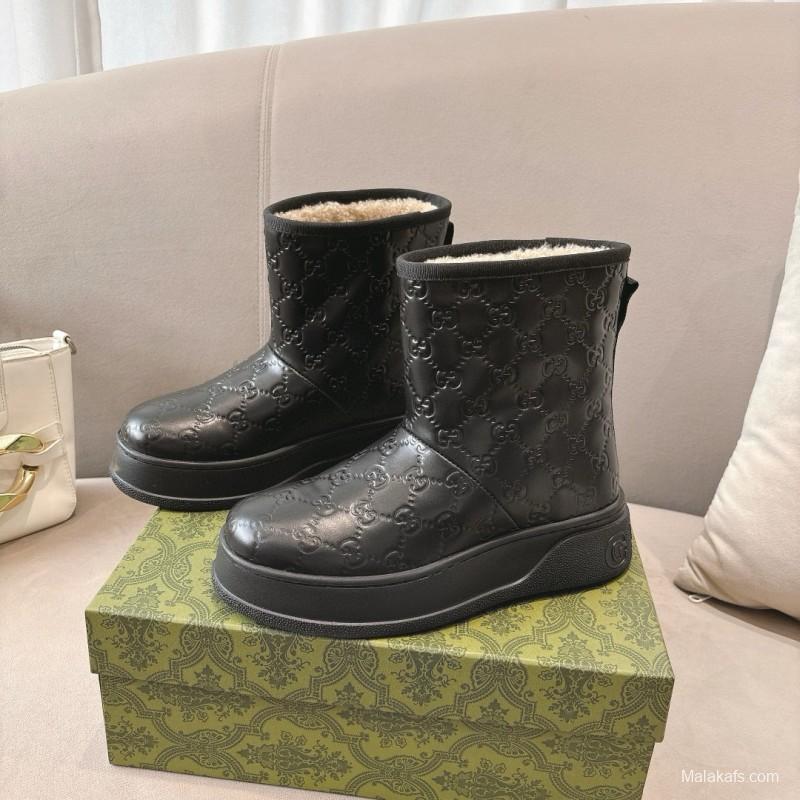 2024 Women Gucci Black Leather Suede Shearling Snow Boots MJ00350