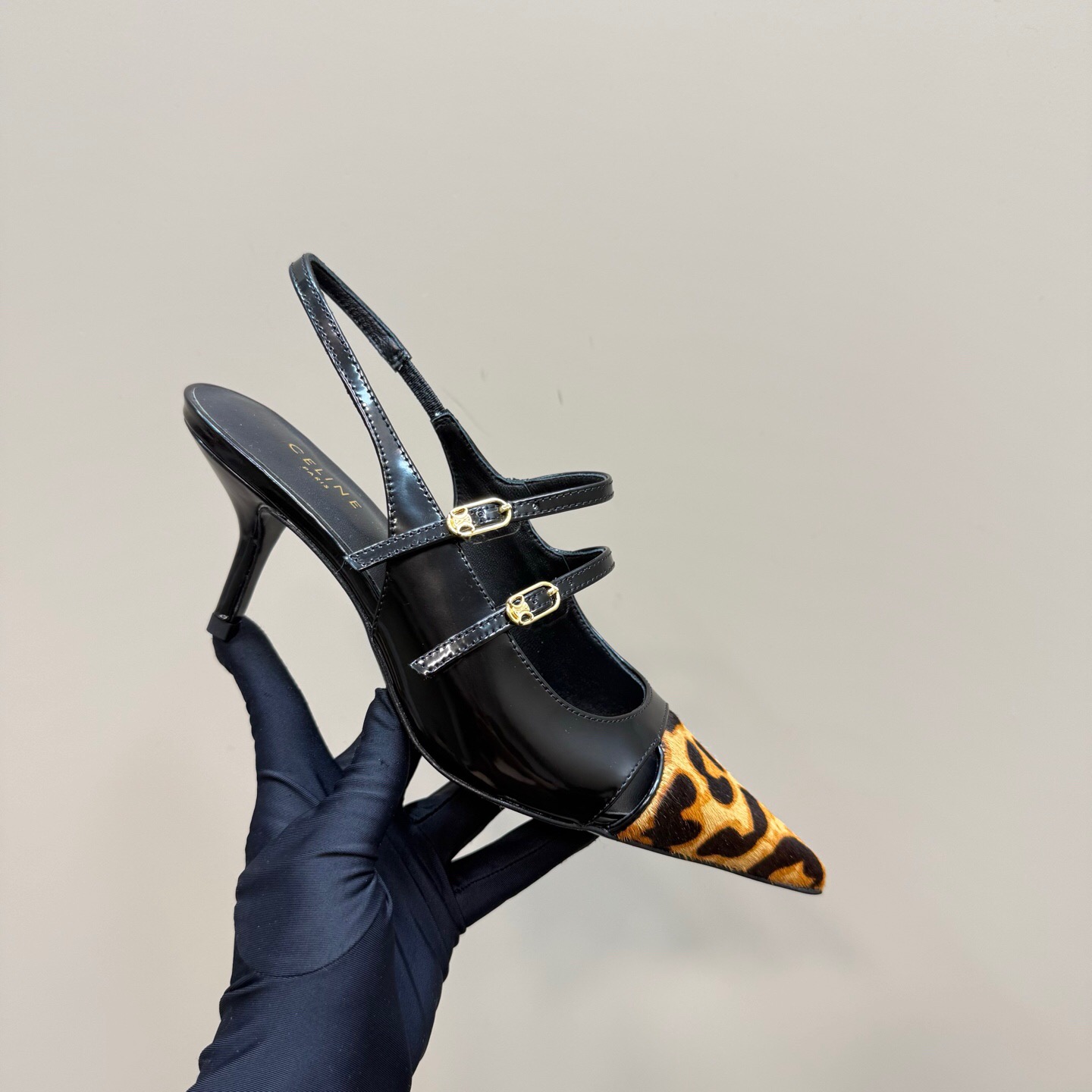 2025 Women Celine Leopard Black Patent Leather Slingback Heels