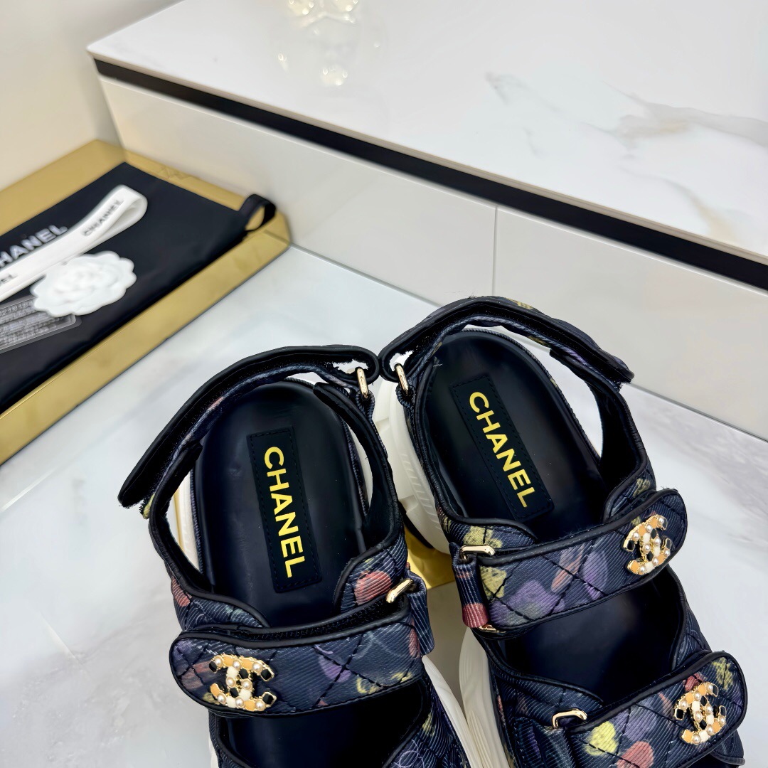 2025 Women Chanel Black Multicolor Fabric Leather Sandals LY00330