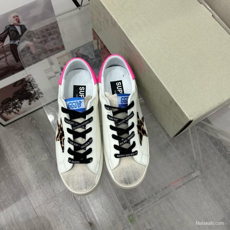 2025 Women GGDB White Pink Leopard Print Leather Sneakers MJ00260