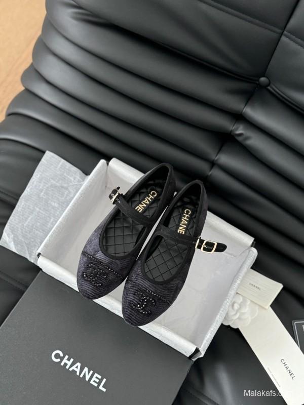2025 Women Chanel Black Velvet Mary Jane Embroidered LY00280