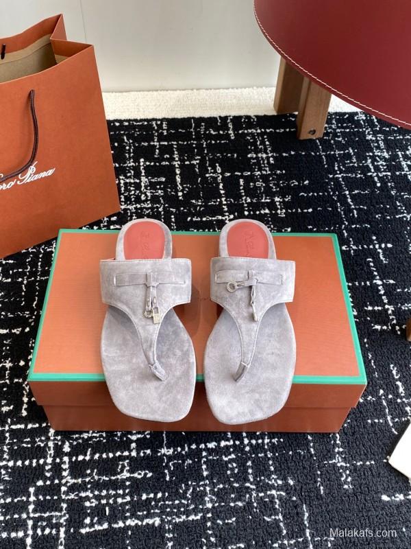 2025 Women Le Parmentier Grey Suede Thong Sandals KFY00280
