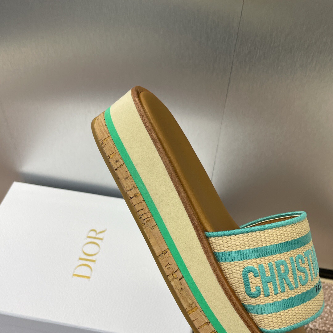2025 Women Dior Blue Beige Fabric Leather Platform Slide Sandals