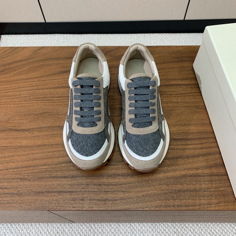 2025 Unisex Brunello Cucinelli Beige Gray White Leather Wool Casual Sneakers LY