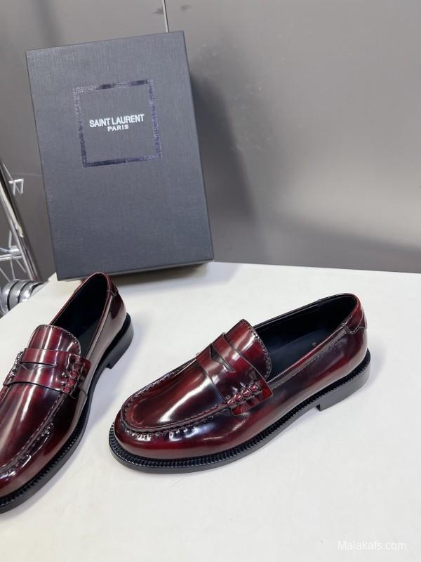 2025 Women Yves Saint Laurent Burgundy Calf Leather Loafers KFY00350