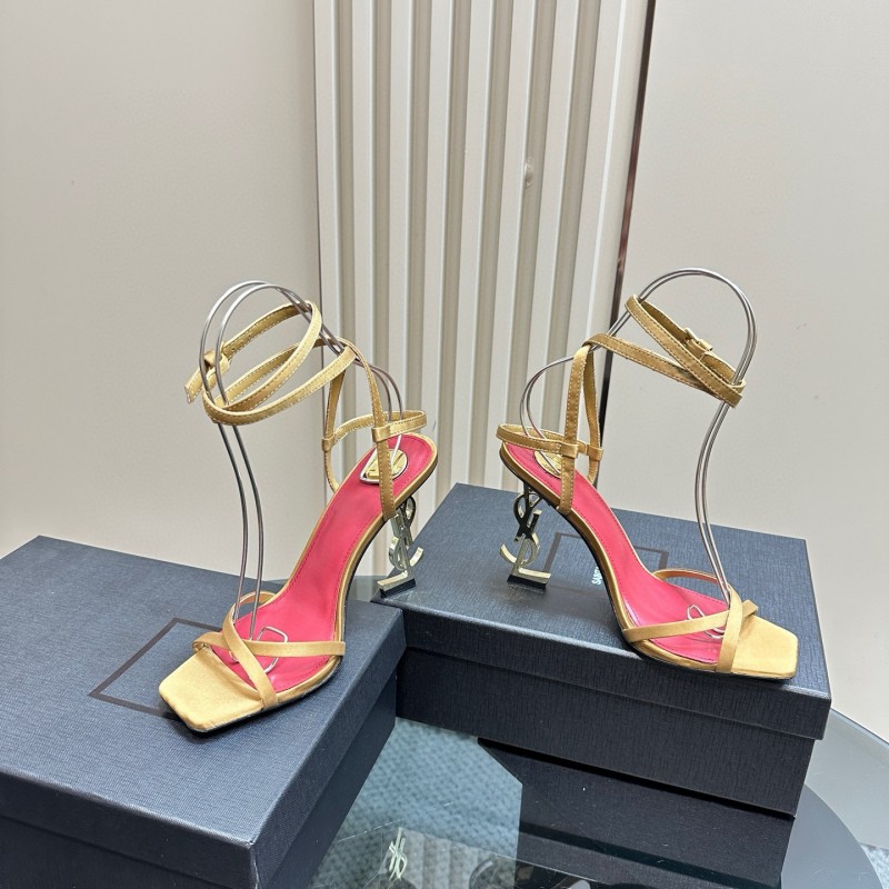 2025 Women Yves Saint Laurent Yellow Silk Strappy Heels