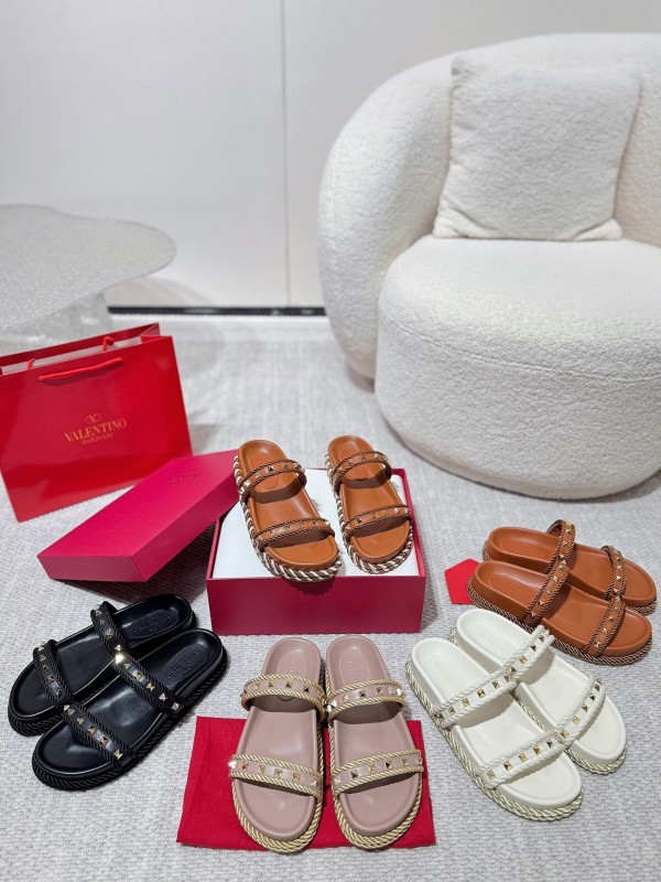 2025 Women Valentino Brown Leather Sandals Braided Rope Sole LY00250
