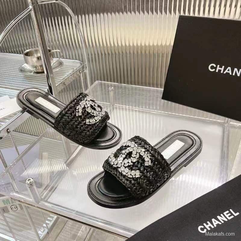 2025 Women Chanel Black Raffia Leather Slippers LY00270